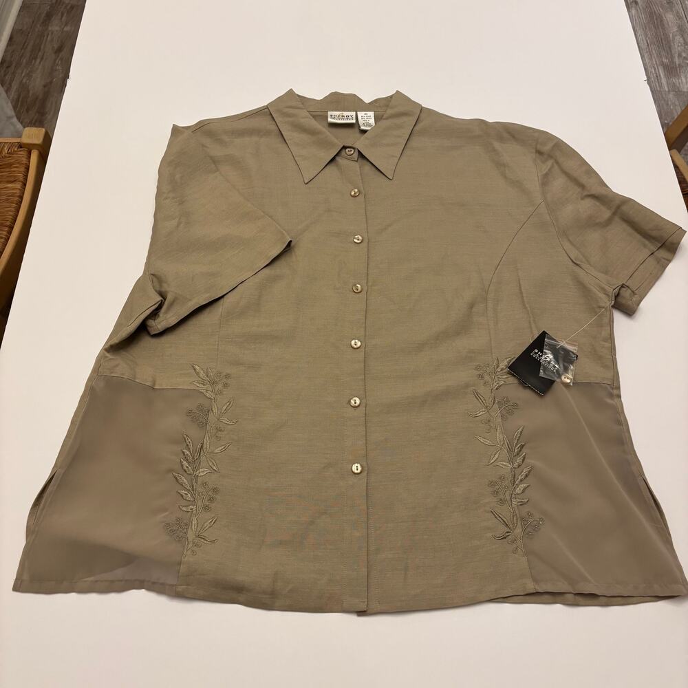 Sherry Taylor Womens 4X Khaki Ramie Rayon Embroidered Button Shirt NWT